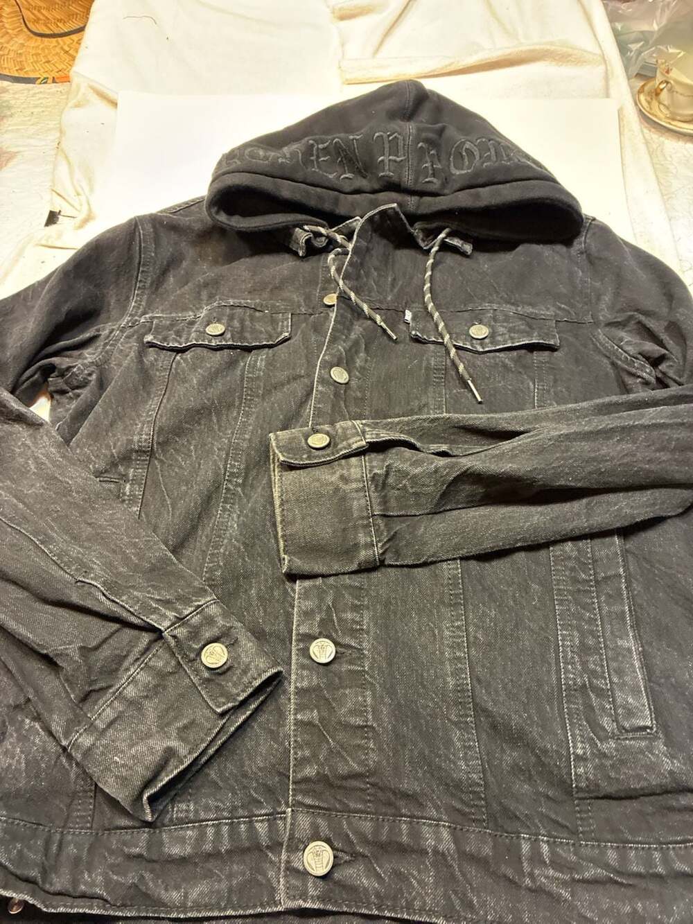 Broken Promises Black Denim Trucker Jacket with Hooded Detail